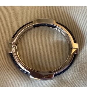 Genuine Leather Silver Tone‎ Hinged Bangle Bracelet with Navy Blue Braided Inlay